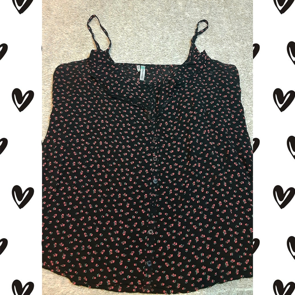 Black Floral Tank Top With Buttons Large